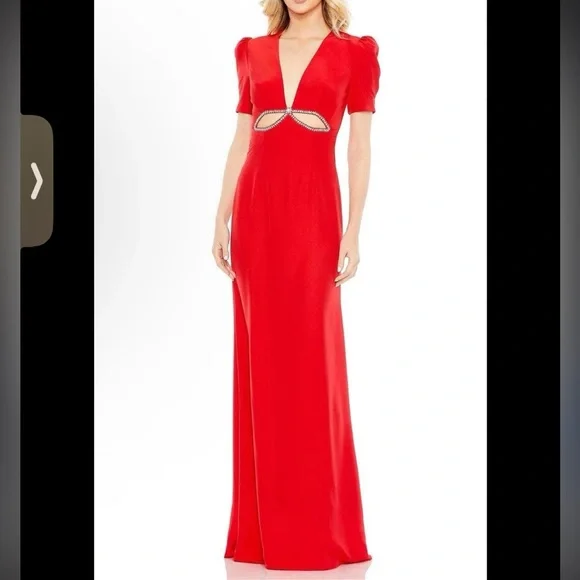 Mac Duggal Red 2630 V-Neck Embellished Cut Out Gown Dress Prom Cocktail